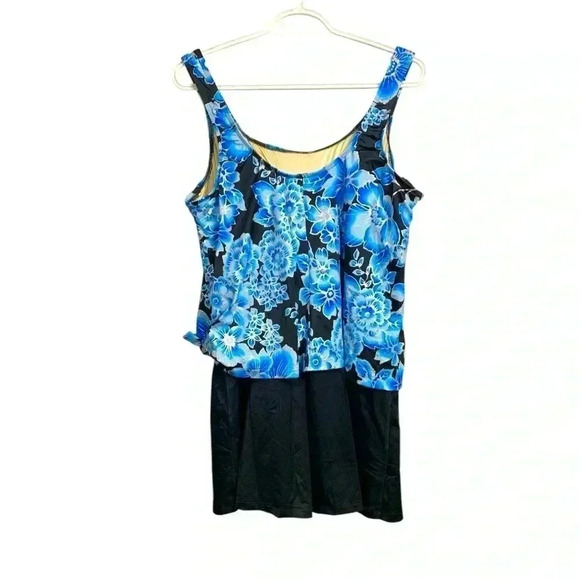 Le Cove One Piece swim suit w Attached Skirt,  blue/black/silver Size 20W - Picture 3 of 12